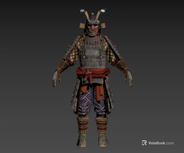 Game Movie Character Samurai Warrior In Traditional Armor With Helmet And Red Sash 3d model 