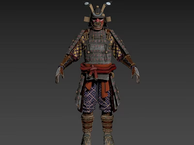 Game Movie Character Samurai Warrior In Traditional Armor With Helmet And Red Sash 3d model