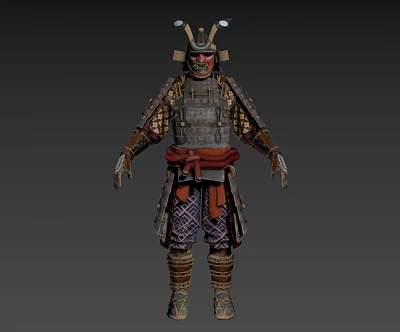 Game Movie Character Samurai Warrior In Traditional Armor With Helmet And Red Sash 3d model