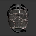 Silver And Bronze Metallic Helmet With Mesh Visor And Intricate Structure Displayed On Stand