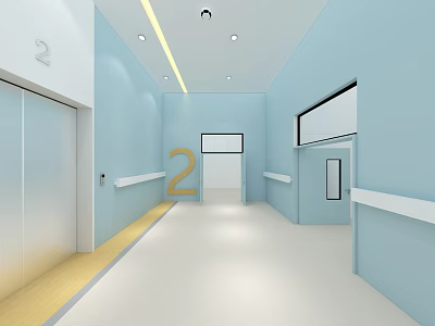 Elevator Hall With Number 2 Sign Light Blue Walls And Handrails In Building Corridor 3d model
