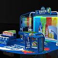 Colorful Champions League Themed Display Cabinet With Blue Frame And Drinks
