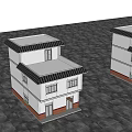 Two Story Detached Villa With White Exterior Red Brick Base And Dark Roof