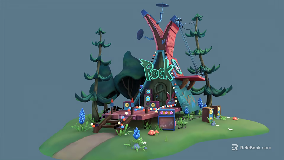 Cartoon Scene Featuring Windmill Red Roofed Building Green ROCK Sign Pine Trees Path Blue Flowers 3d model 