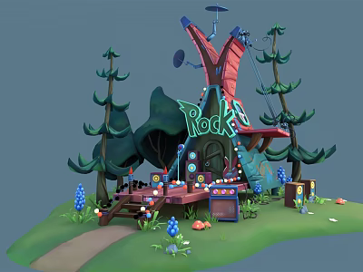 Cartoon Scene Featuring Windmill Red Roofed Building Green ROCK Sign Pine Trees Path Blue Flowers 3d model