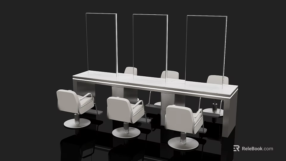 Modern Salon Chandelier Above White Chairs And Long Table With Mirrors 3d model 