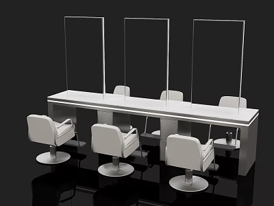 Modern Salon Chandelier Above White Chairs And Long Table With Mirrors 3d model