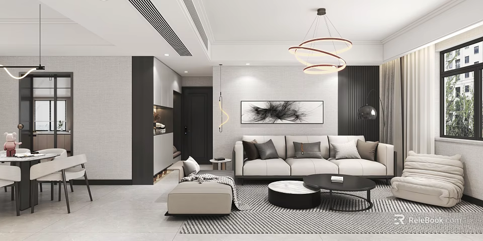 Modern Living Dining Room Interior Design With Sofa Coffee Table Area Rug And Chandelier 3d model 
