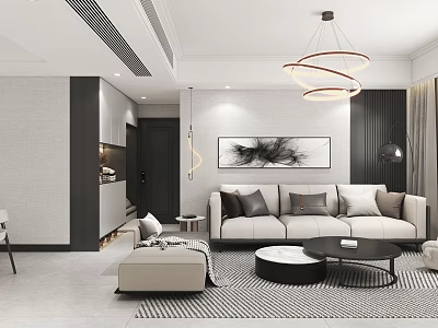 Modern Living Dining Room Interior Design With Sofa Coffee Table Area Rug And Chandelier 3d model