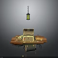 Rustic Wooden Table Display With Open Treasure Chest And Hanging Decorative Lantern