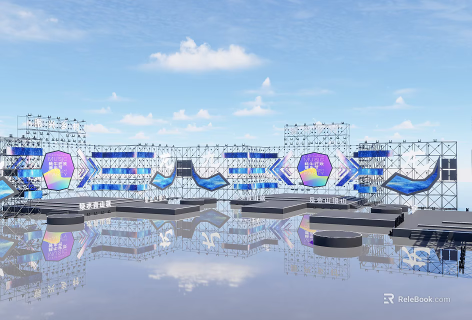 Blue Stage With Metal Frame Circular Patterns Steps Water Reflection Under Blue Sky White Clouds 3d model