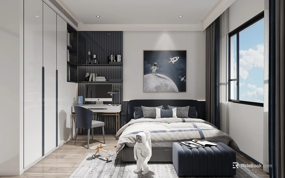 Space Themed Kids Bedroom With Astronaut Decor Bed And Desk 3d model 