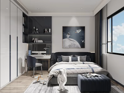 Space Themed Kids Bedroom With Astronaut Decor Bed And Desk 3d model
