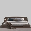 Modern Wooden Double Bed with Blue Gray Pillows Brown Blanket Bedside Lamp and Plant