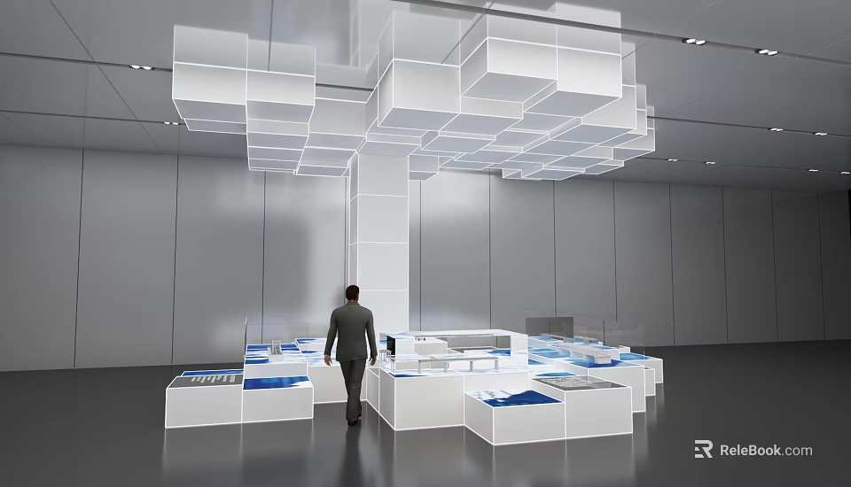 Modern Exhibition Hall With White Cube Installation Hanging From Ceiling And Blue Display Areas 3d model 