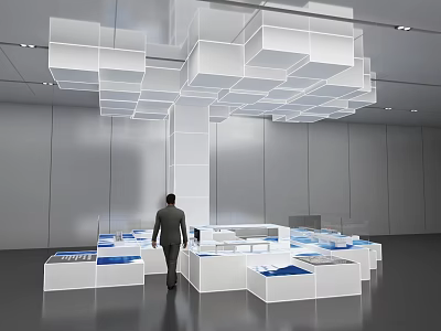Modern Exhibition Hall With White Cube Installation Hanging From Ceiling And Blue Display Areas 3d model