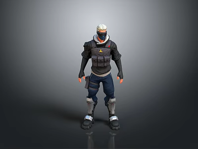 3D Character Design With White Hair Mask Black Tactical Vest And Blue Pants 3d model