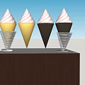 Colorful Ice Cream Cones Golden Black Waffle Cups Pink White Striped Scoops On Display Stand