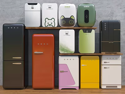 Refrigerators and Freezers in Various Colorful Designs Including Mini and Standard Sizes 3d model