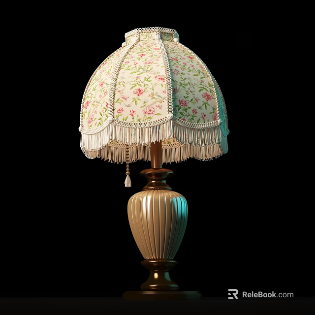 Elegant Table Lamp With Floral Pattern Fringe Trim And Beige Striped Base 3d model 