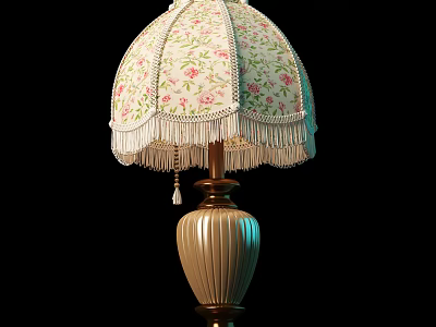 Elegant Table Lamp With Floral Pattern Fringe Trim And Beige Striped Base 3d model