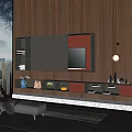 Modern Wall Mounted TV Stand With Storage Compartments And Wooden Backdrop In Contemporary Living Room