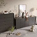 Modern Black Dressers in Living Room with Decorative Items Green Plants and Wall Art