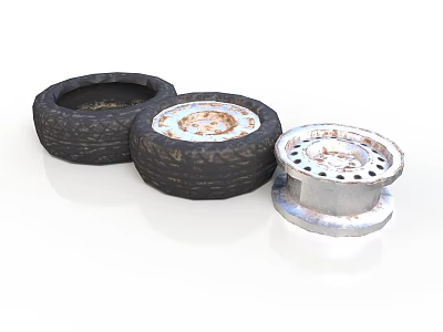 Automotive Car Parts with Worn Black Tires and Silver Wheel Rims 3d model
