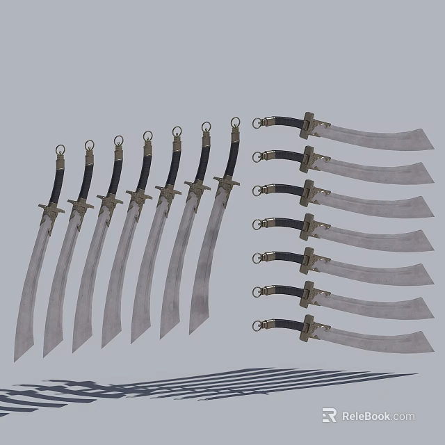 Multiple Traditional Sabers With Black Handles And Silver Blades Arranged In Rows 3d model 