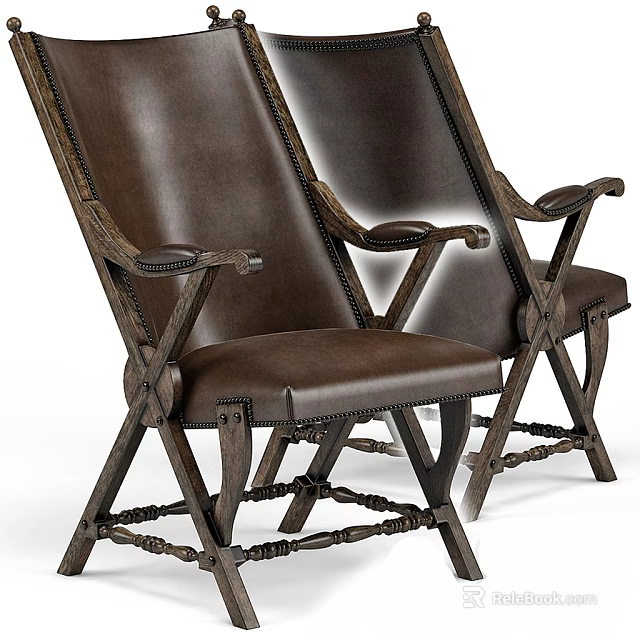 Classic Brown Leather Armchairs With Wooden Cross Legs And Decorative Details 3d model 