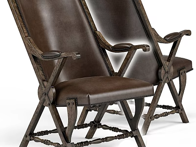 Classic Brown Leather Armchairs With Wooden Cross Legs And Decorative Details 3d model