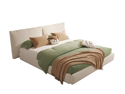 Cozy Double Bed With Beige Upholstered Headboard Green Sheet Brown Beige Pillows And Blanket 3d model