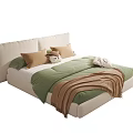 Cozy Double Bed With Beige Upholstered Headboard Green Sheet Brown Beige Pillows And Blanket