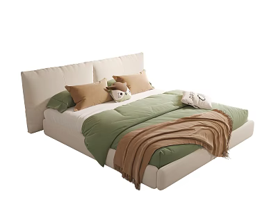 Cozy Double Bed With Beige Upholstered Headboard Green Sheet Brown Beige Pillows And Blanket 3d model