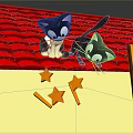 Two Black Cats Playing On Red Roof With Falling Stars And Wooden Ladder