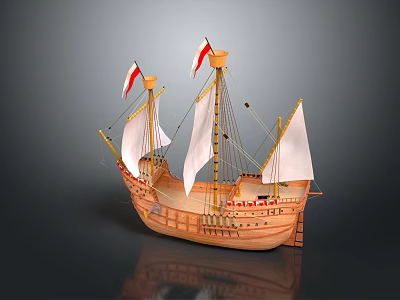 Vintage Wooden Sailing Ship Model Featuring White Sails Red Flags And Detailed Structure 3d model