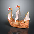 Vintage Wooden Sailing Ship Model Featuring White Sails Red Flags And Detailed Structure