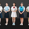 Young women smiling in different color school uniforms standing in a row against black background