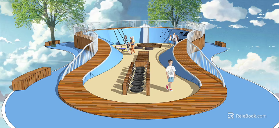 Outdoor Playground Equipment With Curved Wooden Walkways And Tire Structures For Children Playing 3d model 