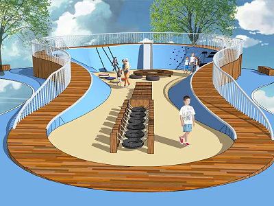 Outdoor Playground Equipment With Curved Wooden Walkways And Tire Structures For Children Playing 3d model