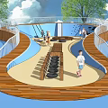 Outdoor Playground Equipment With Curved Wooden Walkways And Tire Structures For Children Playing