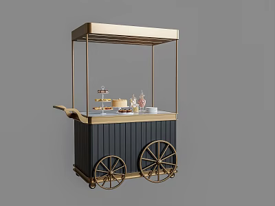 Mobile Dessert Display Cart with Gold Frame Black Cabinet Top Canopy and Wheels for Mobility 3d model