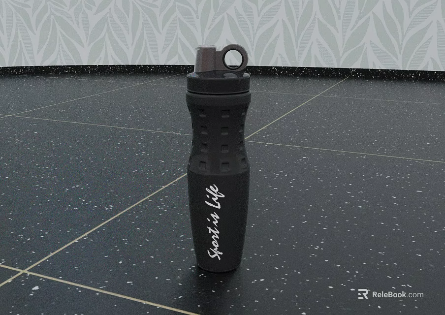 Black Sky Track Water Bottle On Leaf Patterned Wall And Floor Background 3d model 