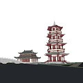 Traditional Chinese Multi story Pagoda With Ancient Buildings And Stone Bridge By Waterfront