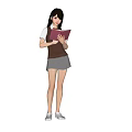 Young Woman Holding Red Notebook In School Uniform Standing Against Black Background
