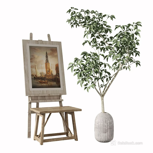 Vintage Art Supplies Display With Easel Painting Wooden Stool And Potted Tree 3d model 
