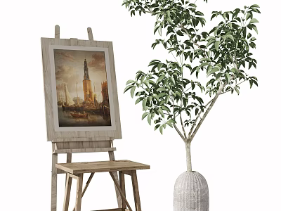 Vintage Art Supplies Display With Easel Painting Wooden Stool And Potted Tree 3d model