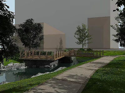 Tranquil Garden Landscape With Wooden Bridge Small Stream Green Grass And Trees Near Background Buildings 3d model