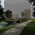 Tranquil Garden Landscape With Wooden Bridge Small Stream Green Grass And Trees Near Background Buildings