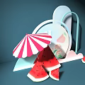 Hello Summer Themed Scene With Watermelon Slices And Red White Striped Umbrella
